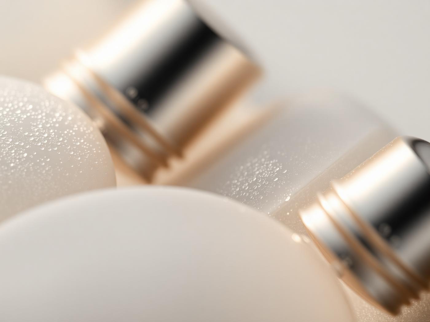 Macro detail of frosted glass vials with silver caps