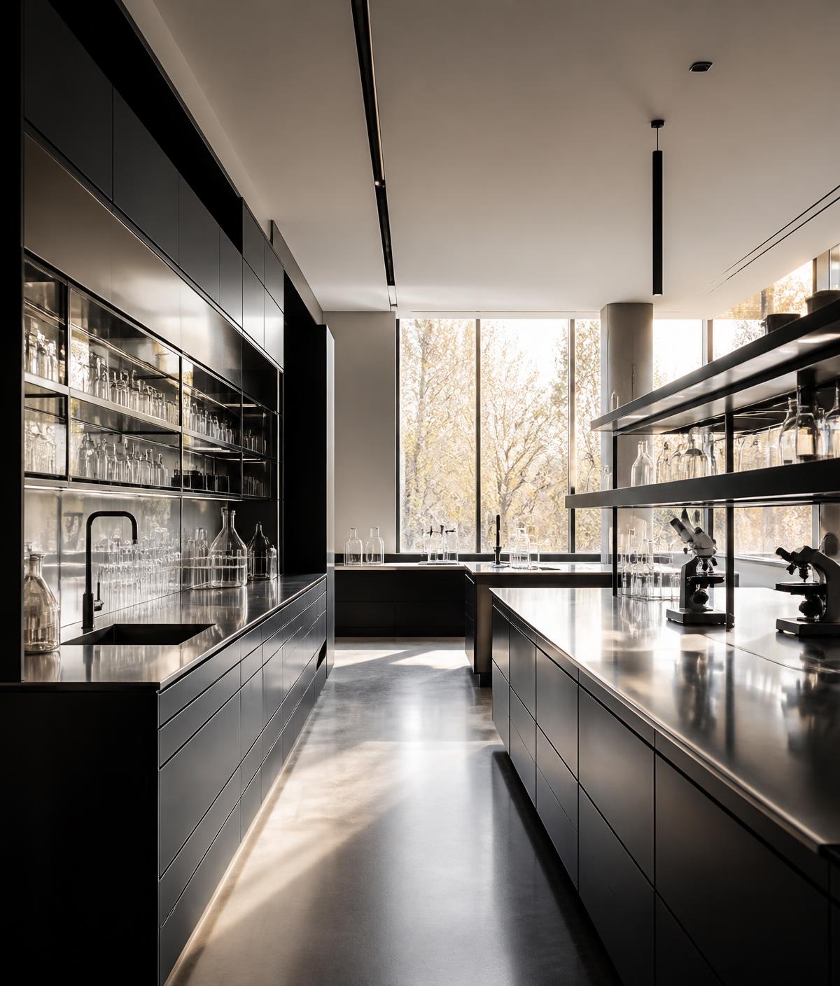 Minimal laboratory interior in cool monochrome tones