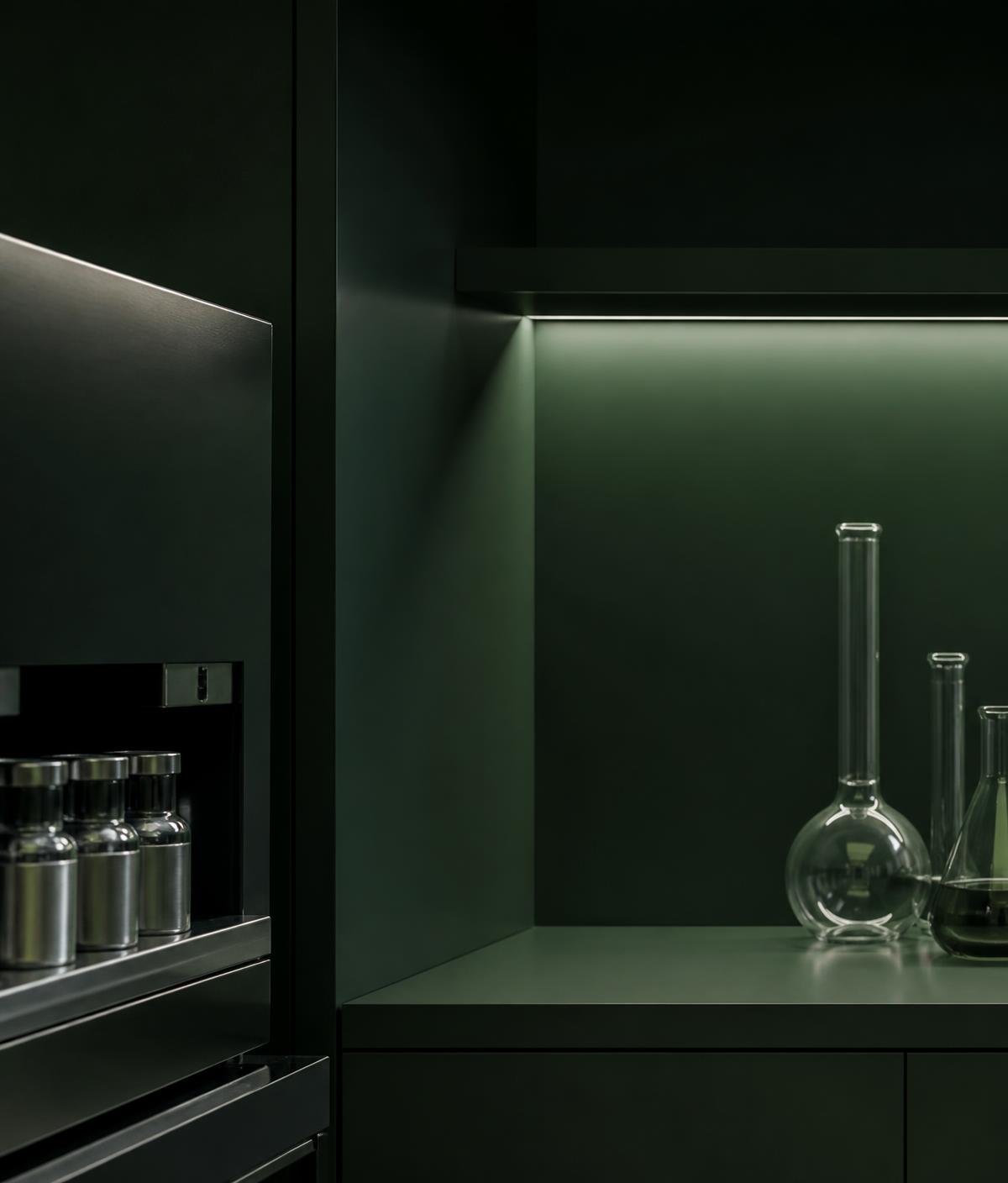 Minimal laboratory interior in deep green tones