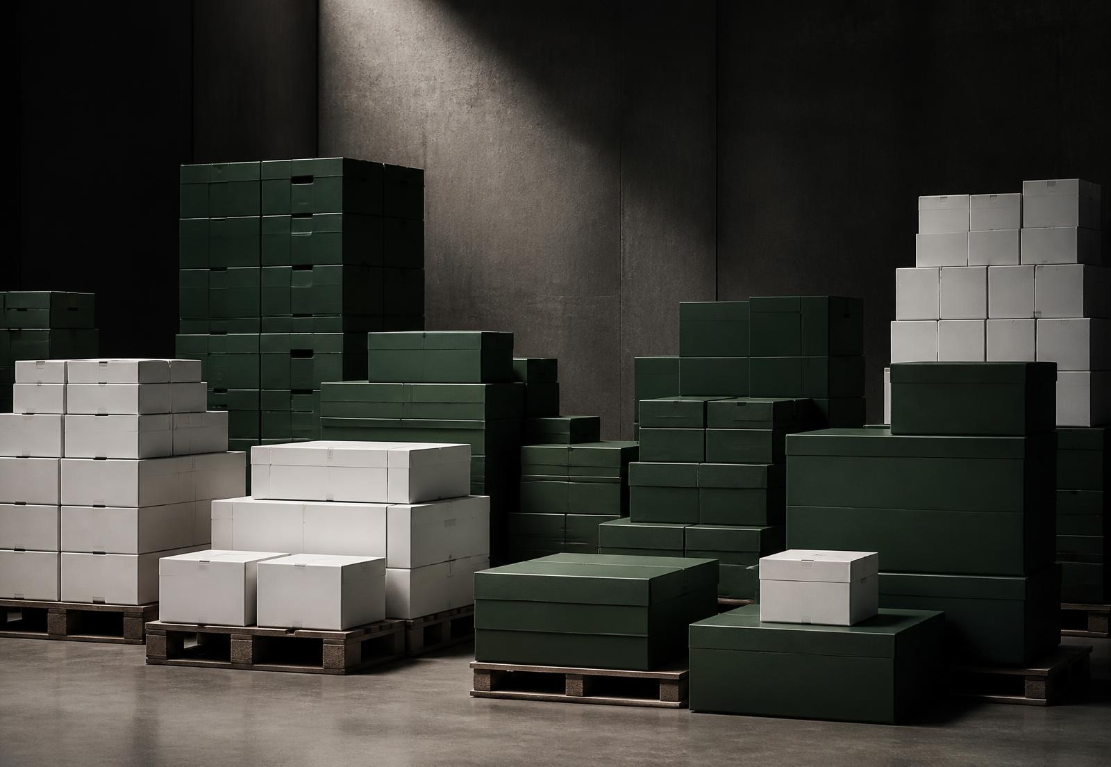 Stacked product cases arranged in a premium warehouse setting