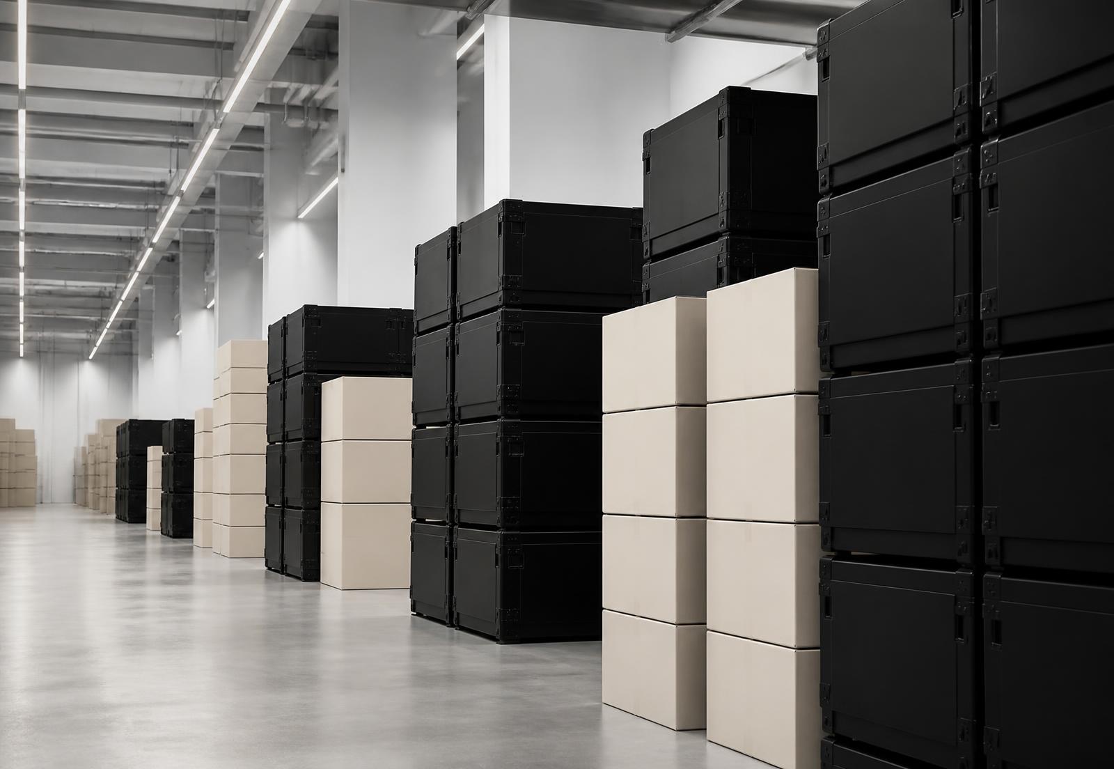Stacked product cases arranged in a premium warehouse setting